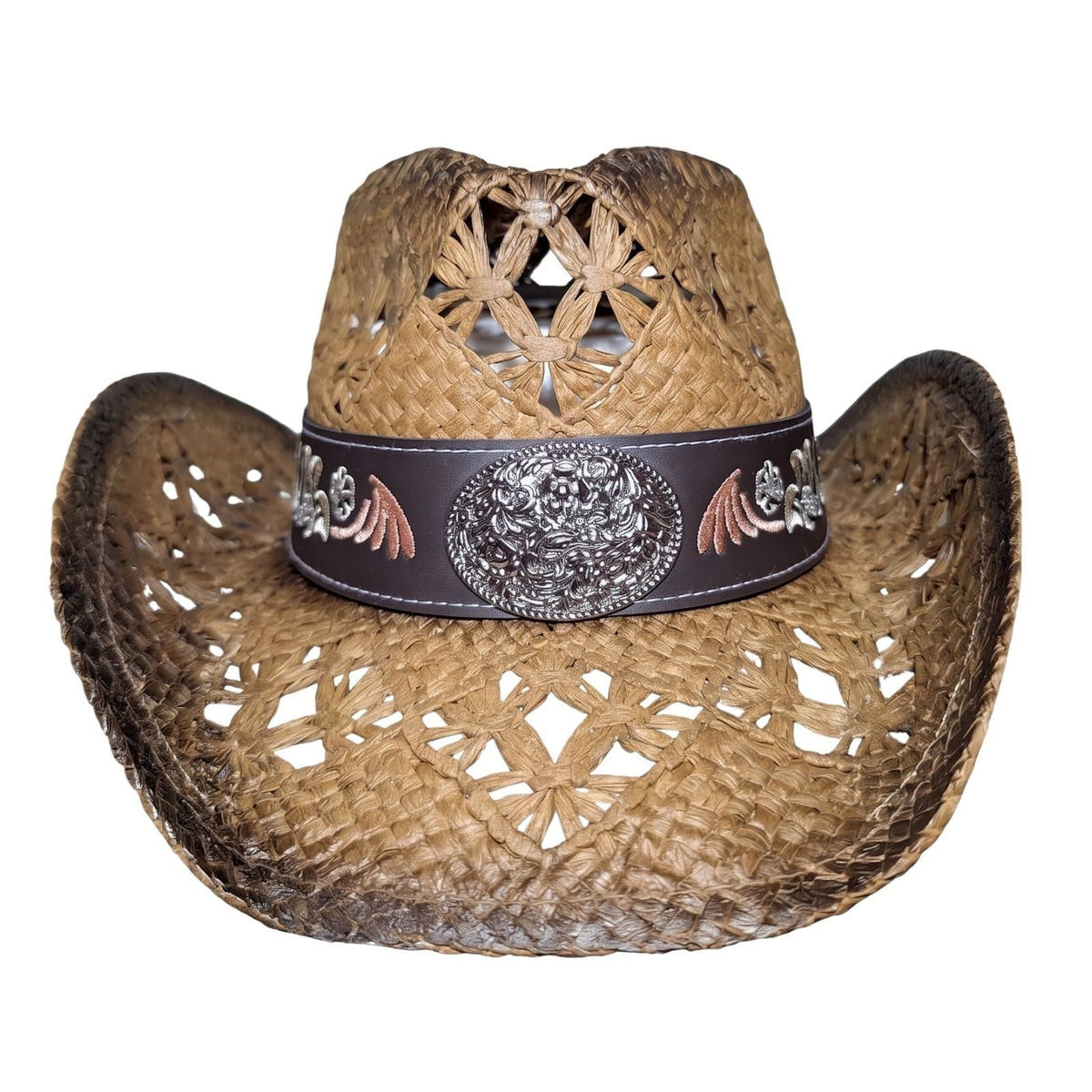 Brown Embroidered Wicker Cowboy Hat