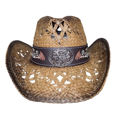Brown Embroidered Wicker Cowboy Hat