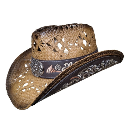 Brown Embroidered Wicker Cowboy Hat